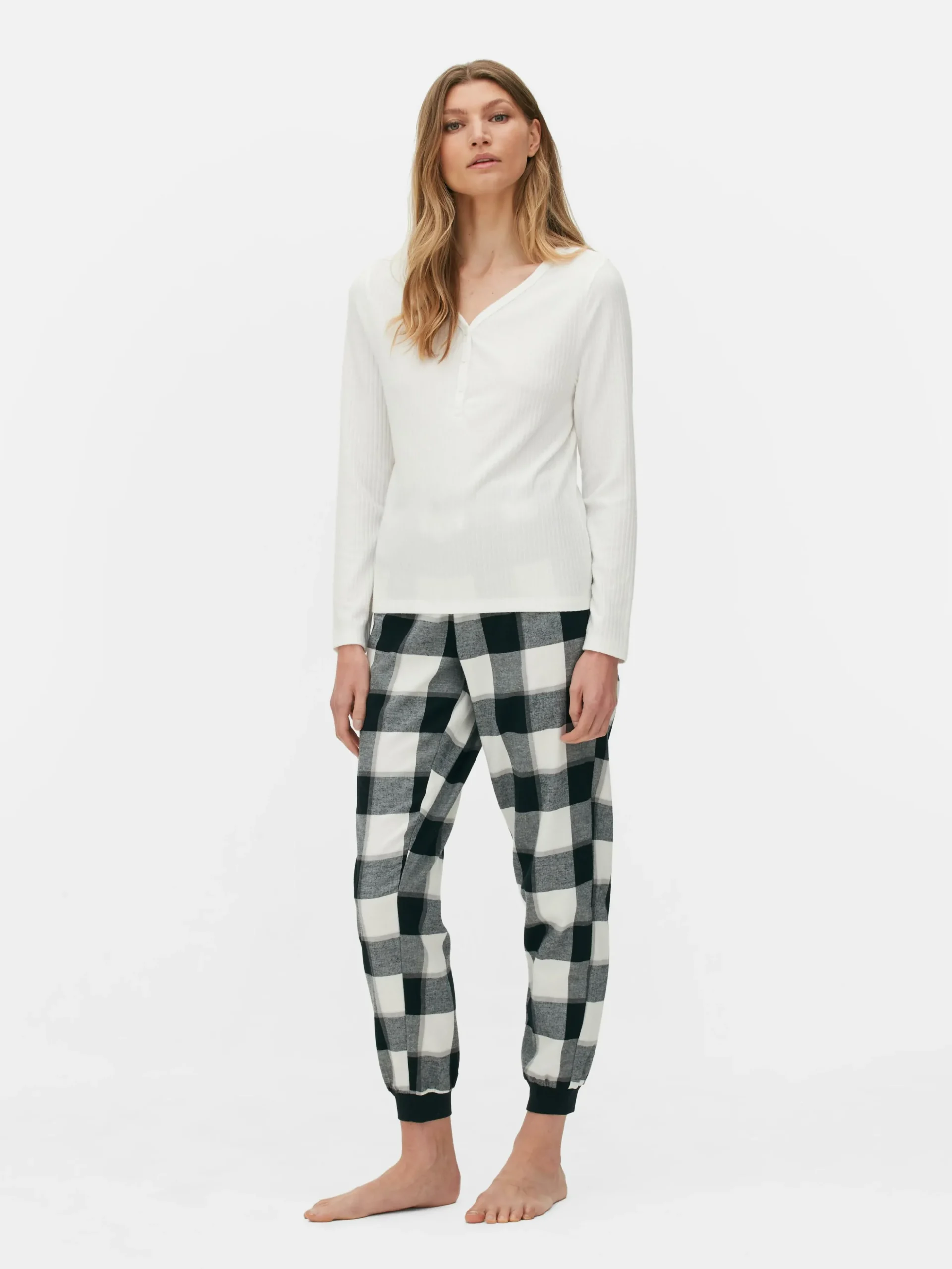 Check Bottom Long Sleeve Pajama Set