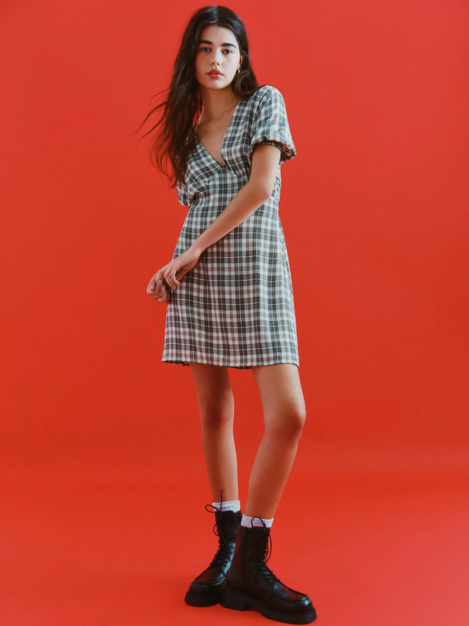 Check Pattern V-Neck Mini Dress