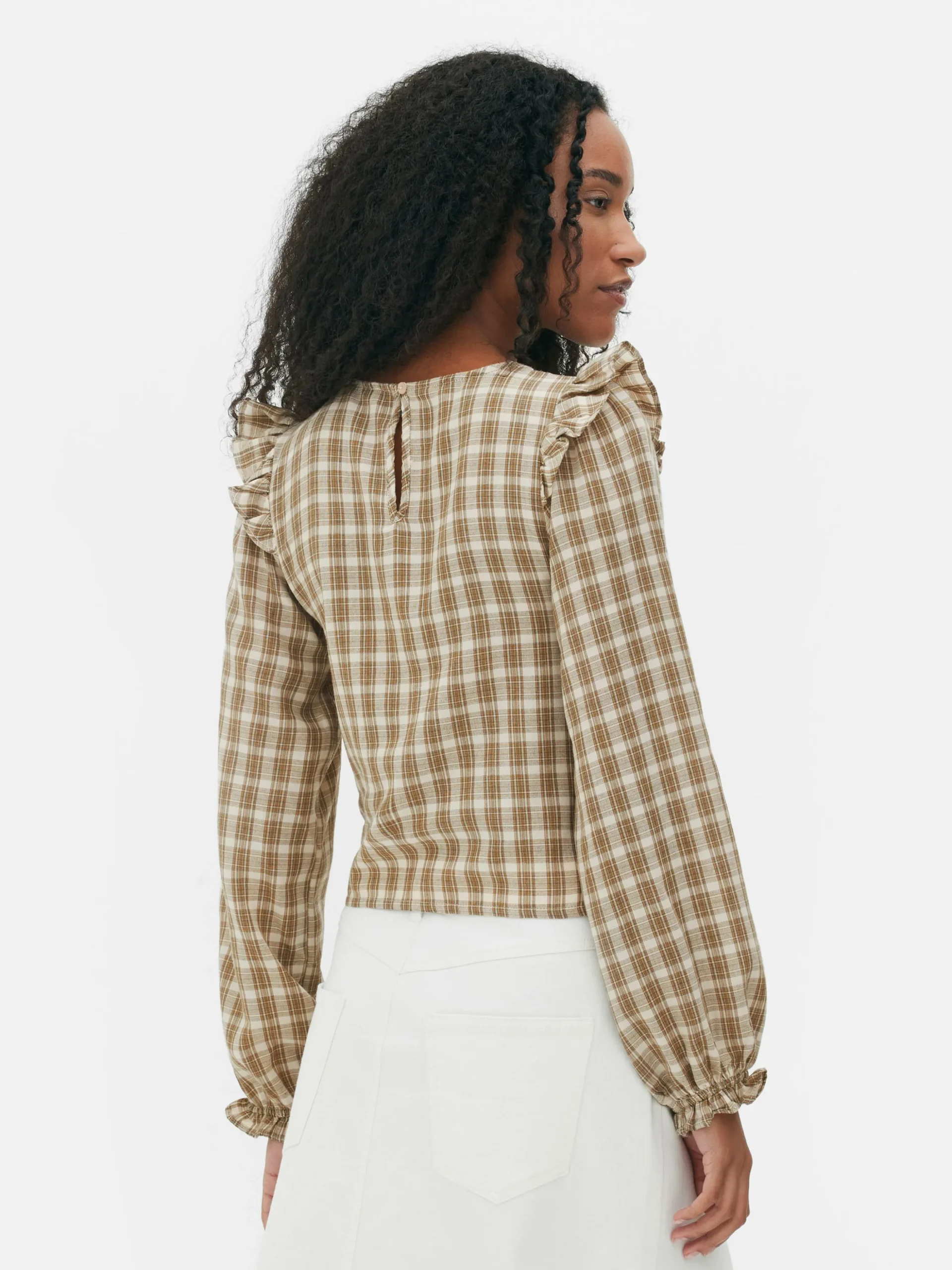 Check Shirred Long Sleeve Blouse