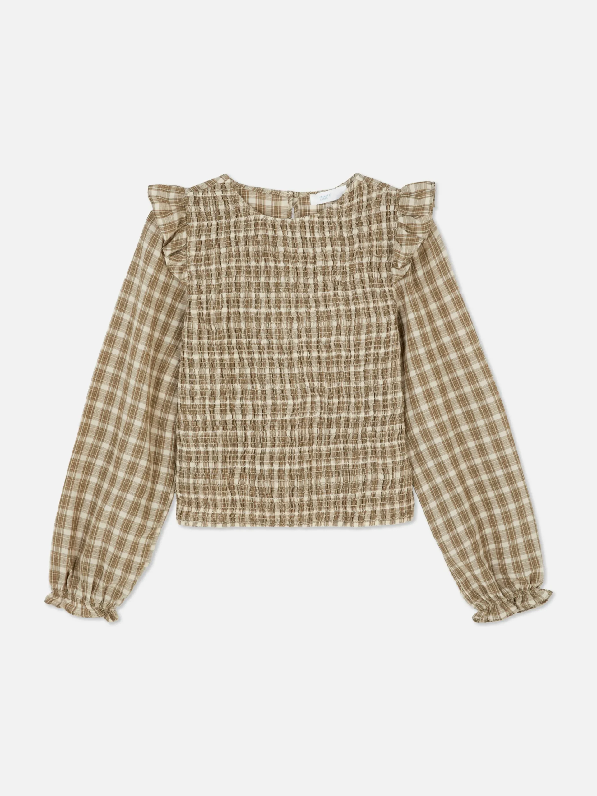 Check Shirred Long Sleeve Blouse