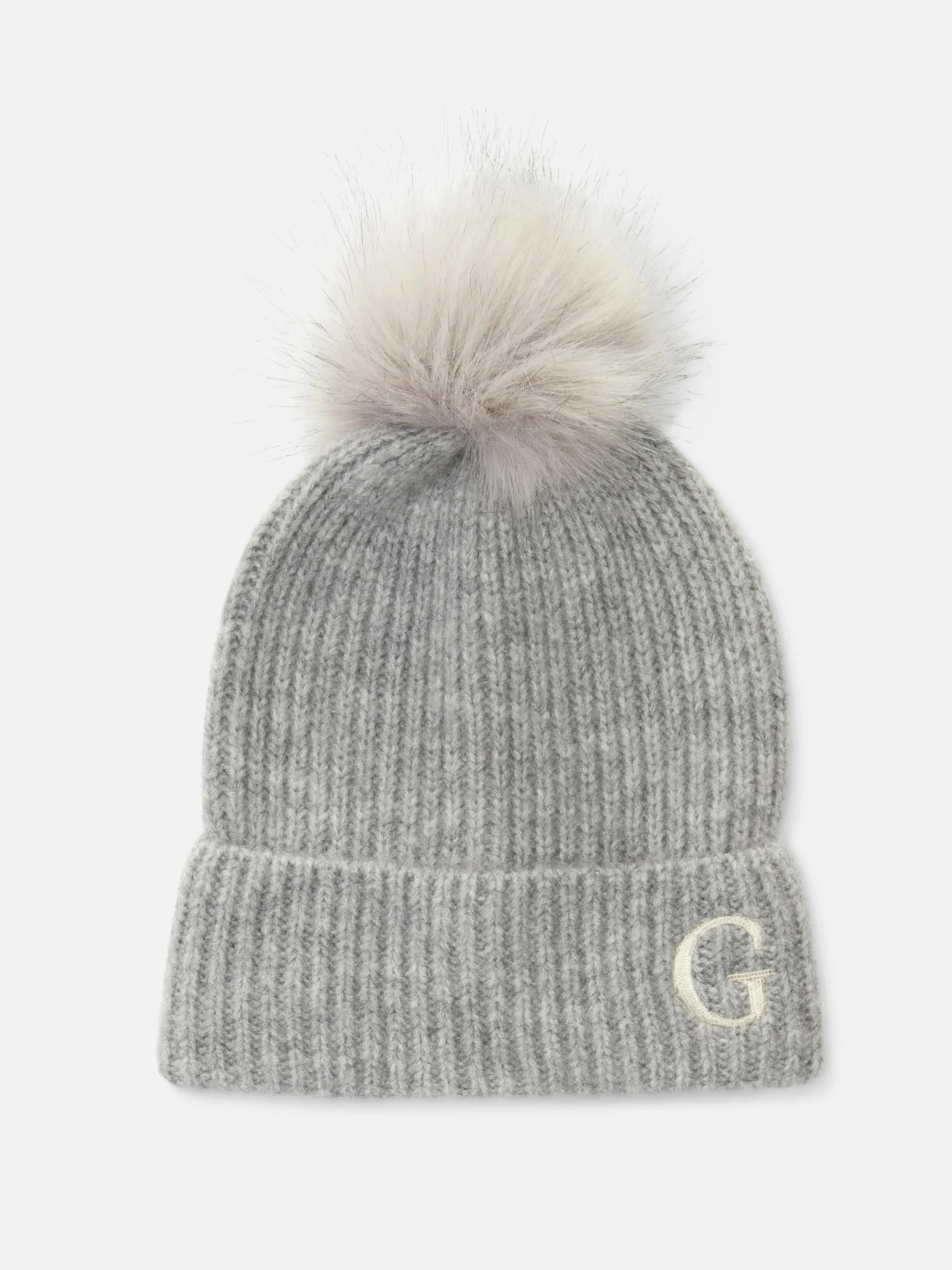 Embroidered Initial Pompom Beanie