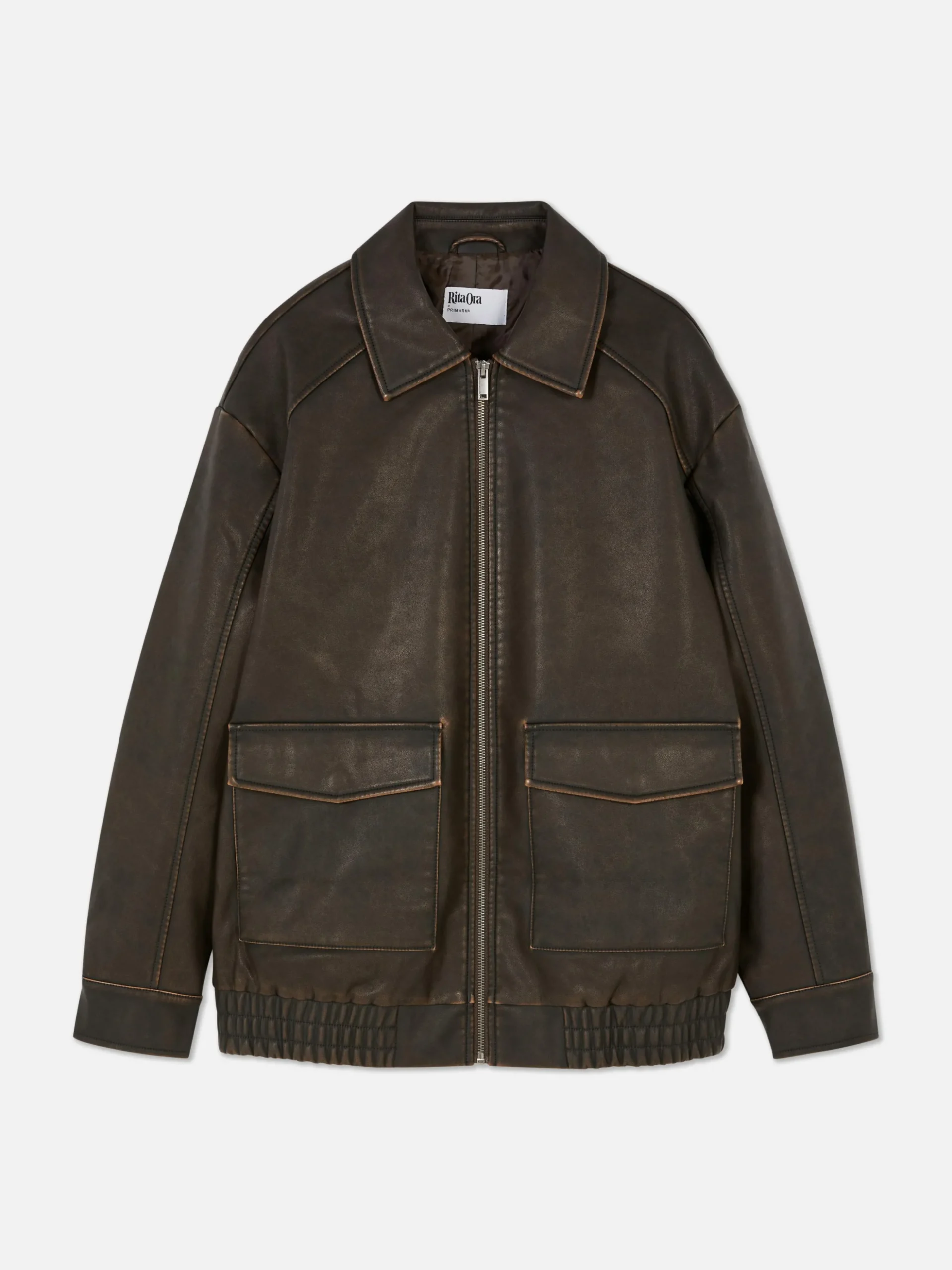 Rita Ora Faux Leather Distressed Bomber Jacket